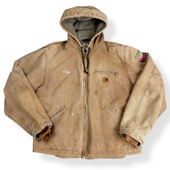 Carhartt J141 Sherpa Lined Jacket Coat Mens L Faded Brown Duck Canvas Hooded